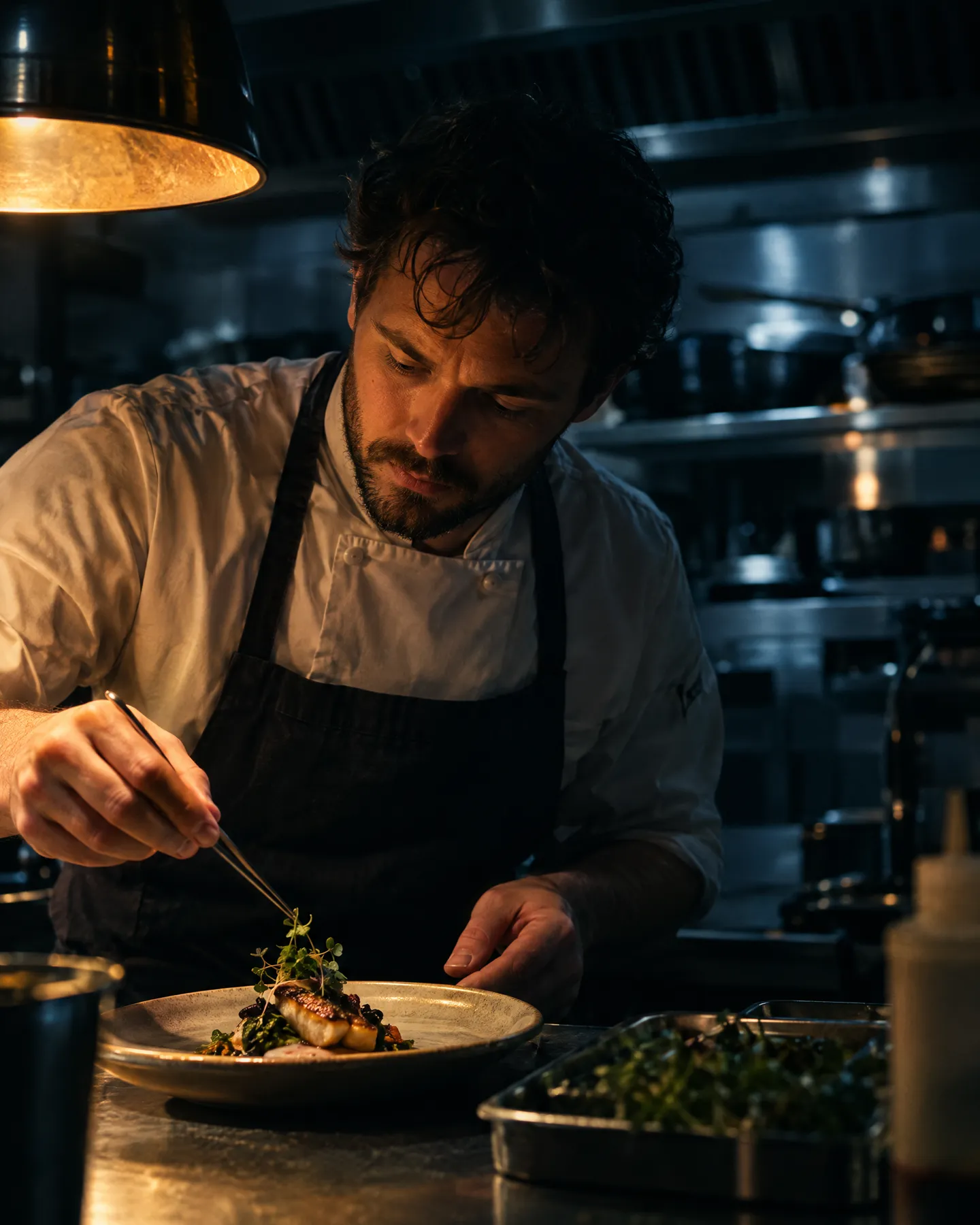 A chef plating a dish at the pass