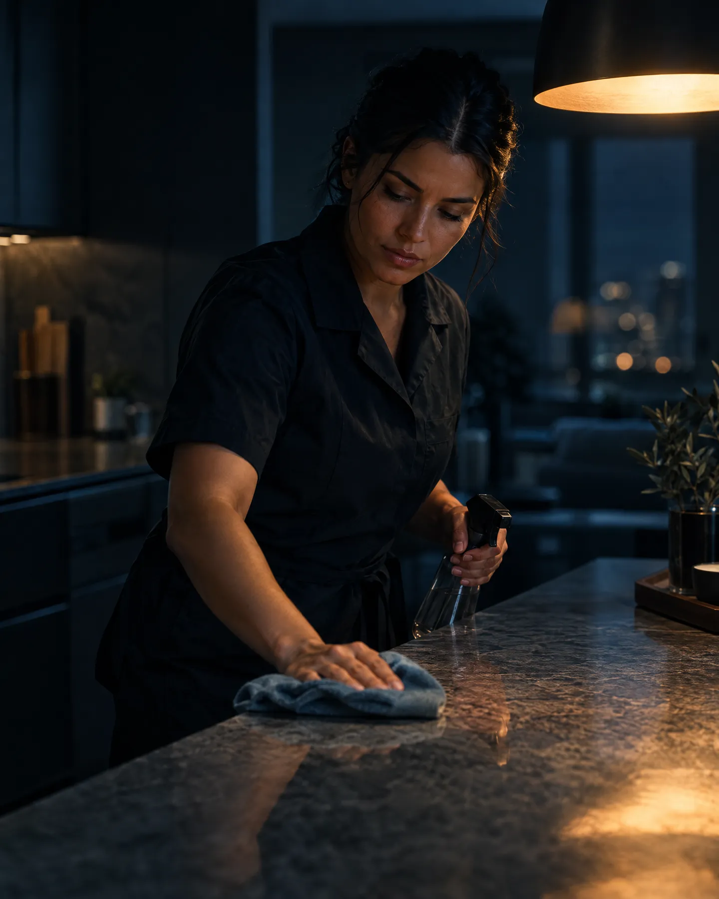 A cleaner wiping down a kitchen counter