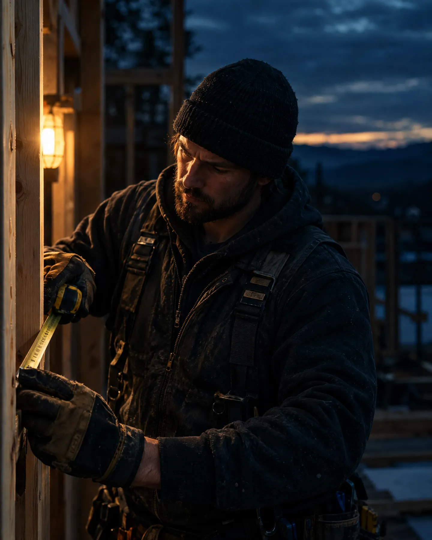 A contractor measuring fresh framing at dusk
