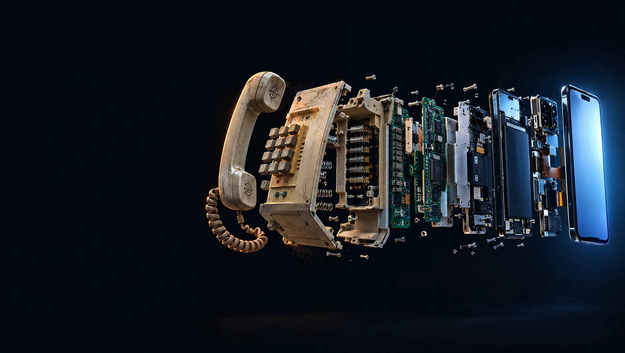 An old desk phone coming apart and rebuilding itself into a modern smartphone